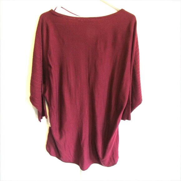 Womens Lightweight Knit Sweater Sz OX Batwing 1/2 Sleeve Black Cherry V-Neck - Picture 2 of 5